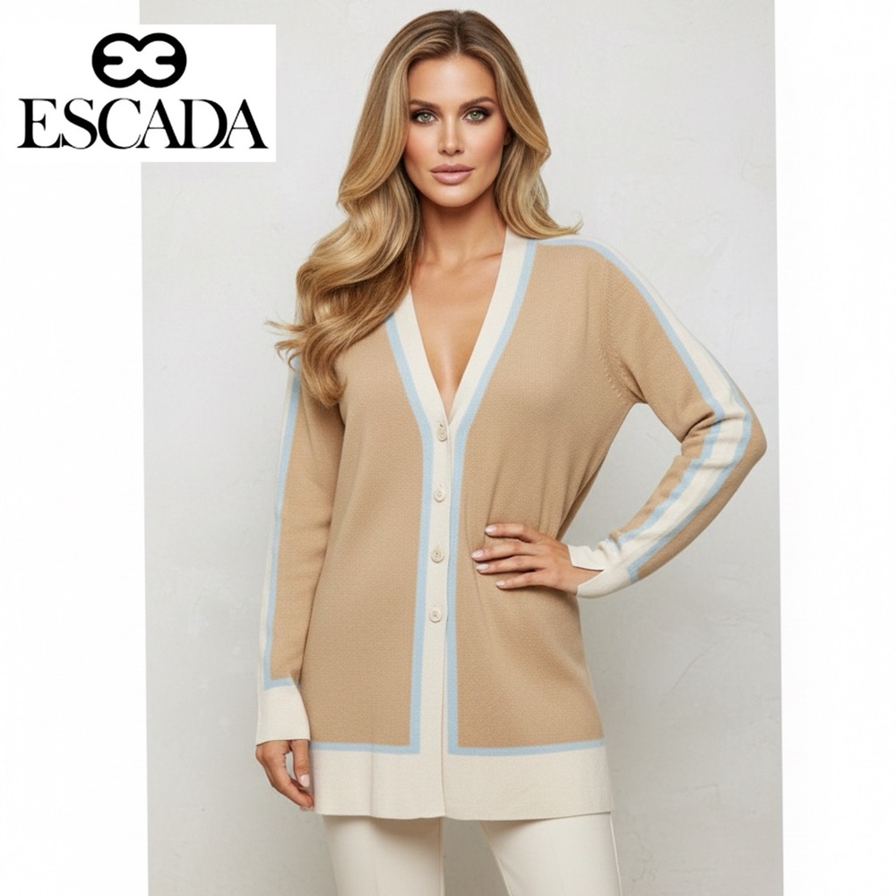 ESCADA Luxury Tan Cashmere Wool Silk Cardigan Sweater Size 38 Stripe Knit V-Neck